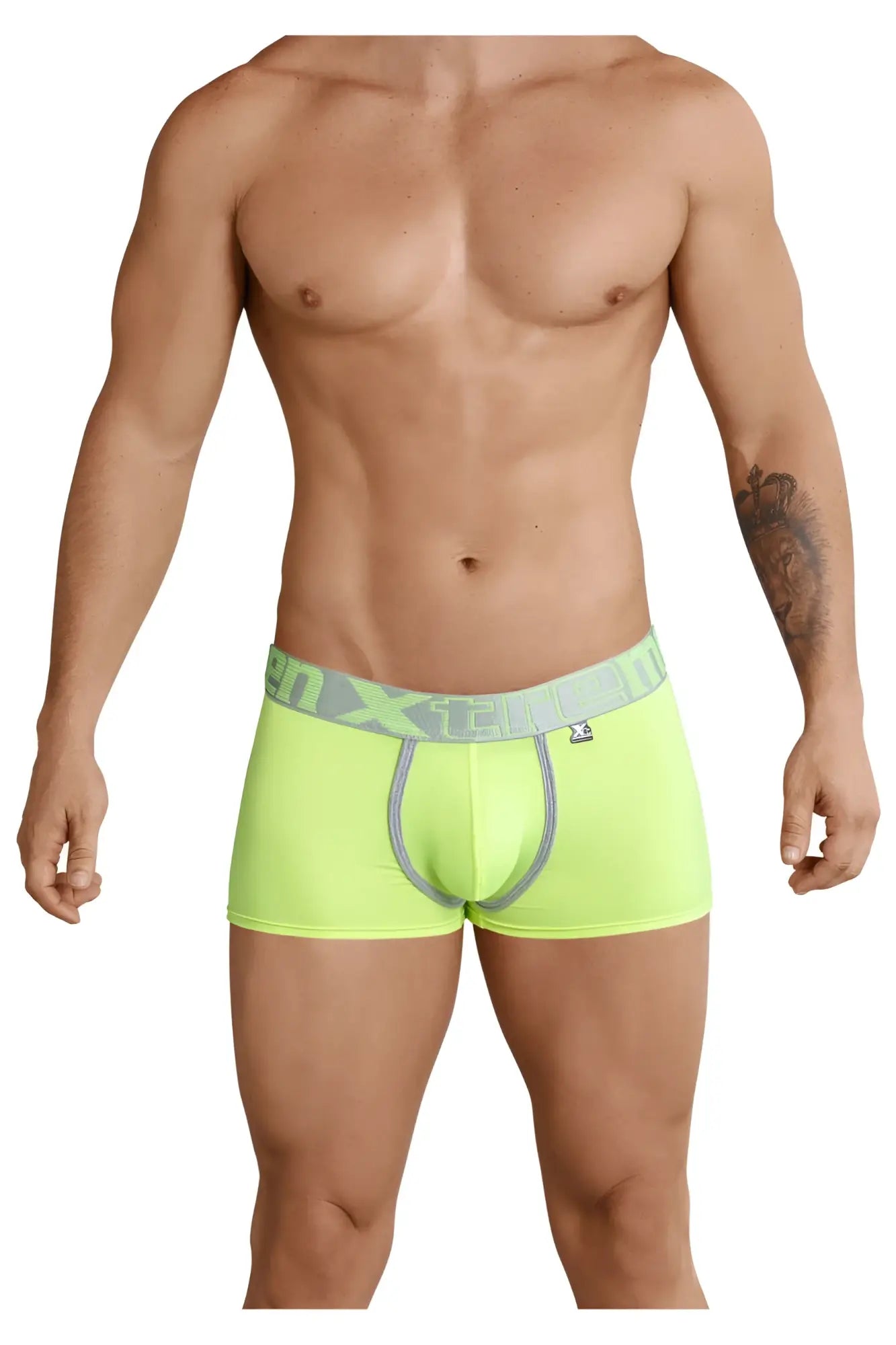 Neon green xtremen 91028 piping men’s boxer briefs with gray x-treme waistband and side brand emblem