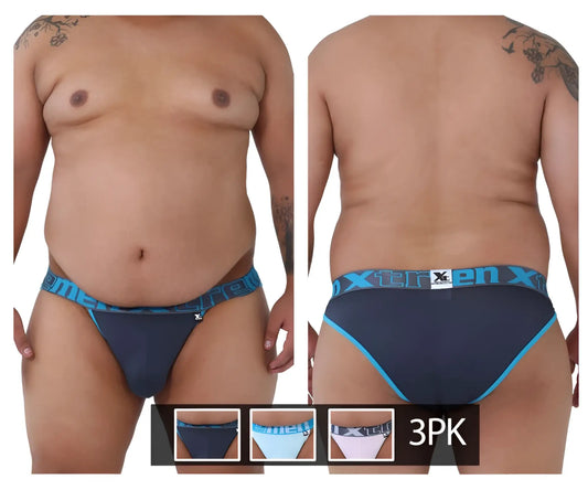 Xtremen 91057x-3 3pk bikini briefs in navy blue and light blue with branded waistband for comfortable fit