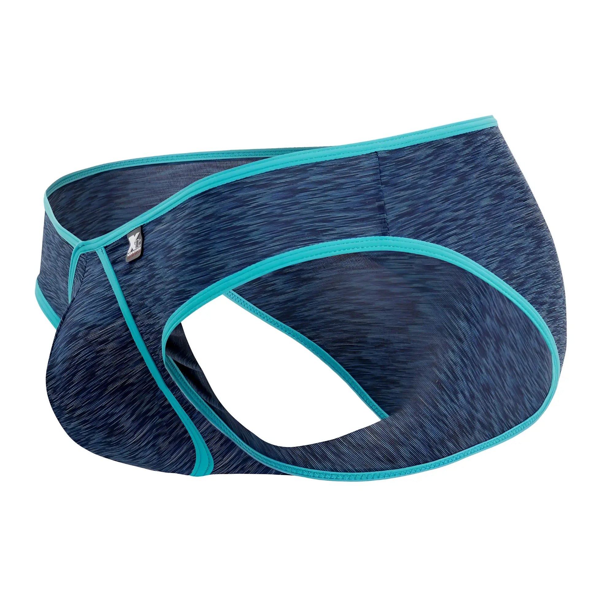 Dark blue xtremen 91074 microfiber briefs with blue heathered fabric teal trim and small logo tag