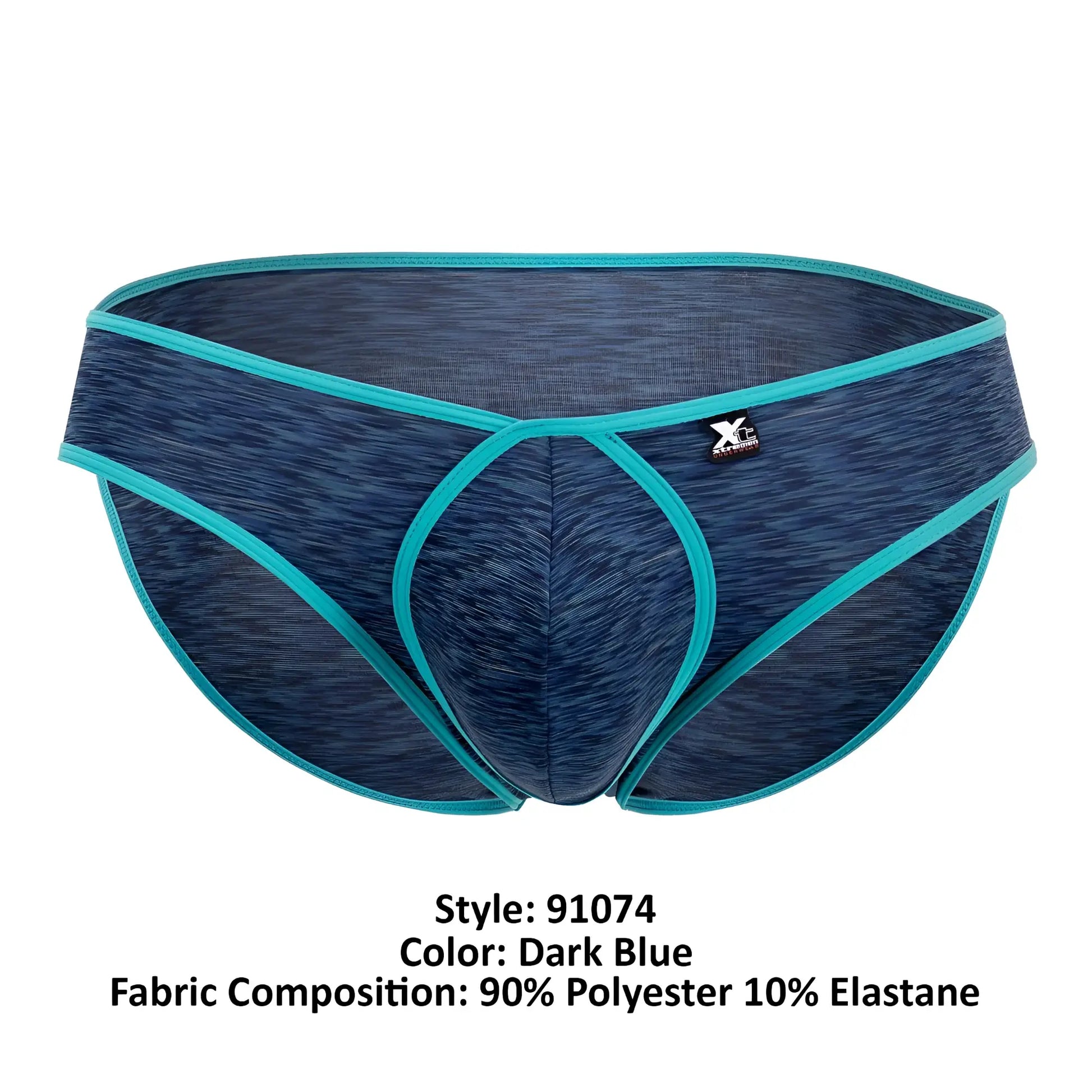 Dark blue xtremen 91074 microfiber briefs with teal trim textured fabric and x-centric logo waistband for men