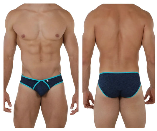 Navy blue and teal athletic briefs with a textured fabric and a distinctive x-shaped design at the front.