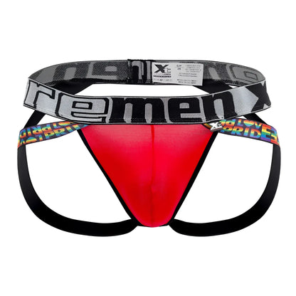 Red and black men’s microfiber briefs with bold reme logo on waistband from xtremen 91084 microfiber pride jockstrap