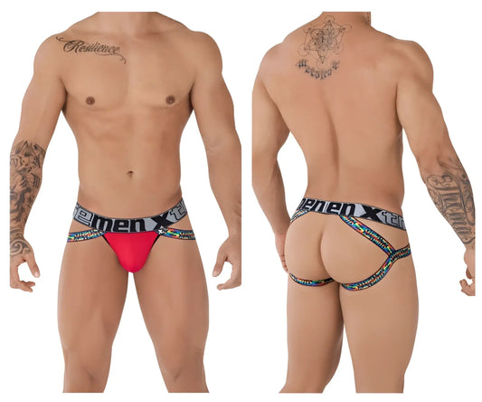 Red menxten xtremen 91084 microfiber pride jockstrap with black colorful patterned waistband in red