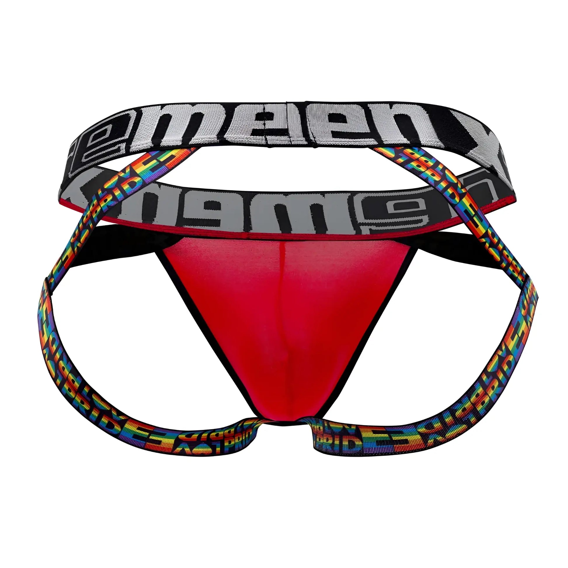 Red xtremen 91084 microfiber pride jockstrap with black waistband and rainbow side straps featuring kimeen logo