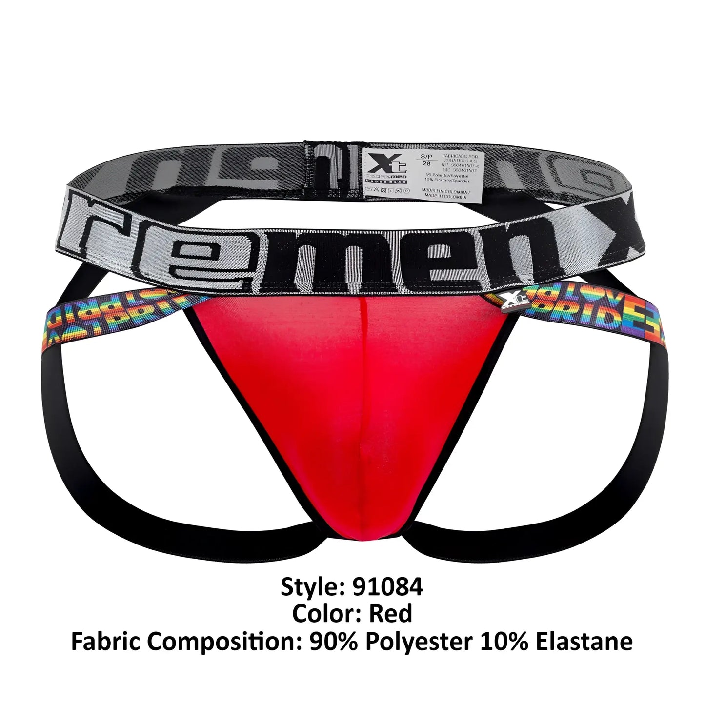 Red xtremen 91084 microfiber pride jockstrap briefs with a black remen waistband and rainbow trim on side straps