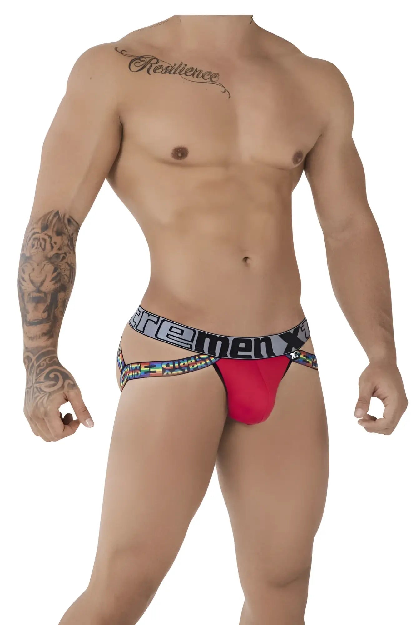Red men’s microfiber briefs with colorful freemen x waistband from xtremen 91084 microfiber pride jockstrap
