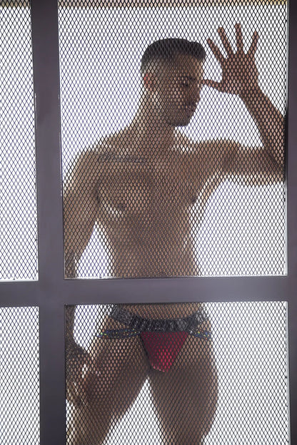Xtremen 91084 microfiber pride jockstrap in red with red triangular briefs and black patterned waistband