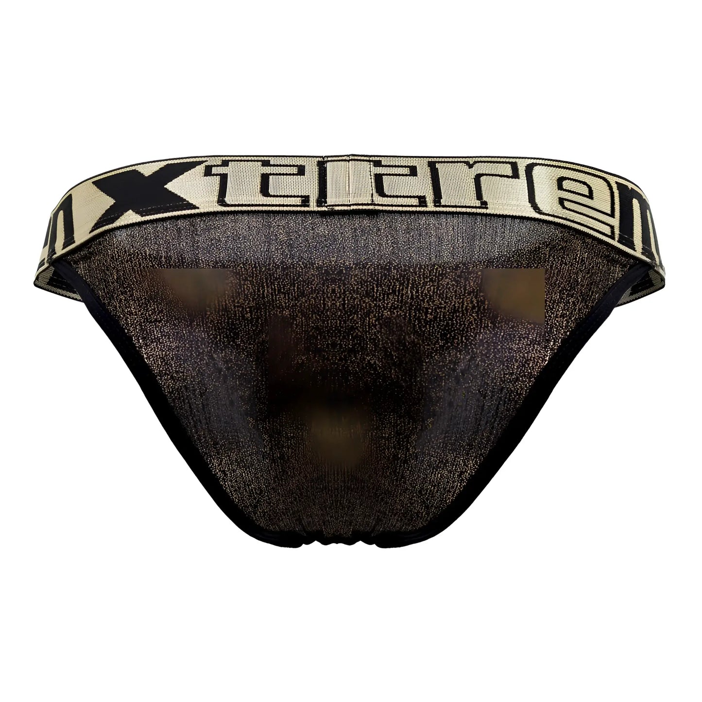 Xtremen 91089x frice microfiber bikini in black with black and gold metallic mesh and beige xtreme logo waistband