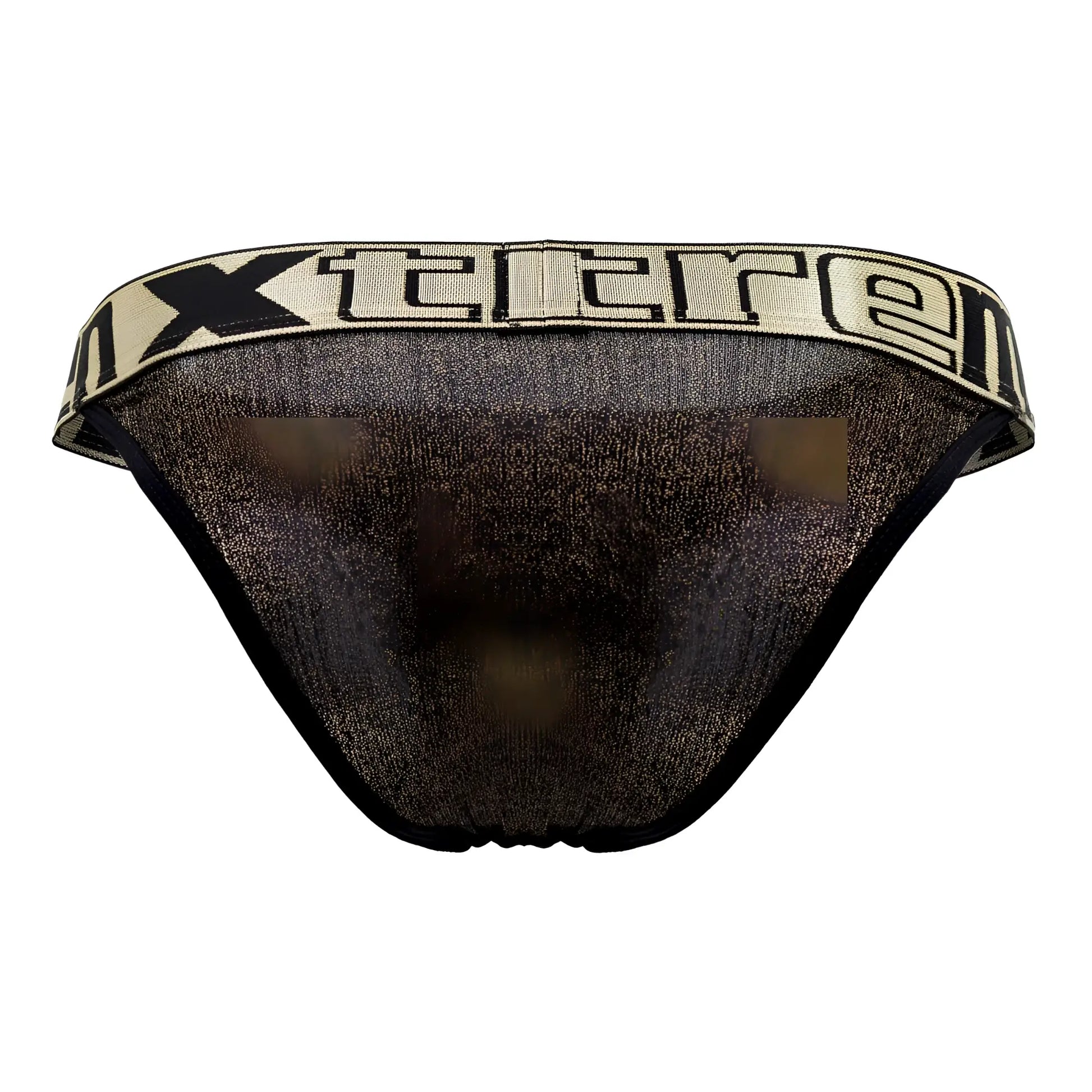 Xtremen 91089x frice microfiber bikini in black with black and gold metallic mesh and beige xtreme logo waistband