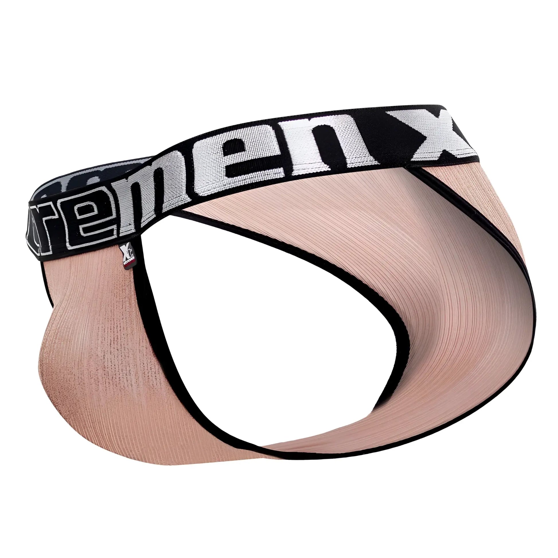 Beige mesh briefs with black elastic waistband featuring extreme x logo in white from xtremen 91089x frice microfiber bikini pink