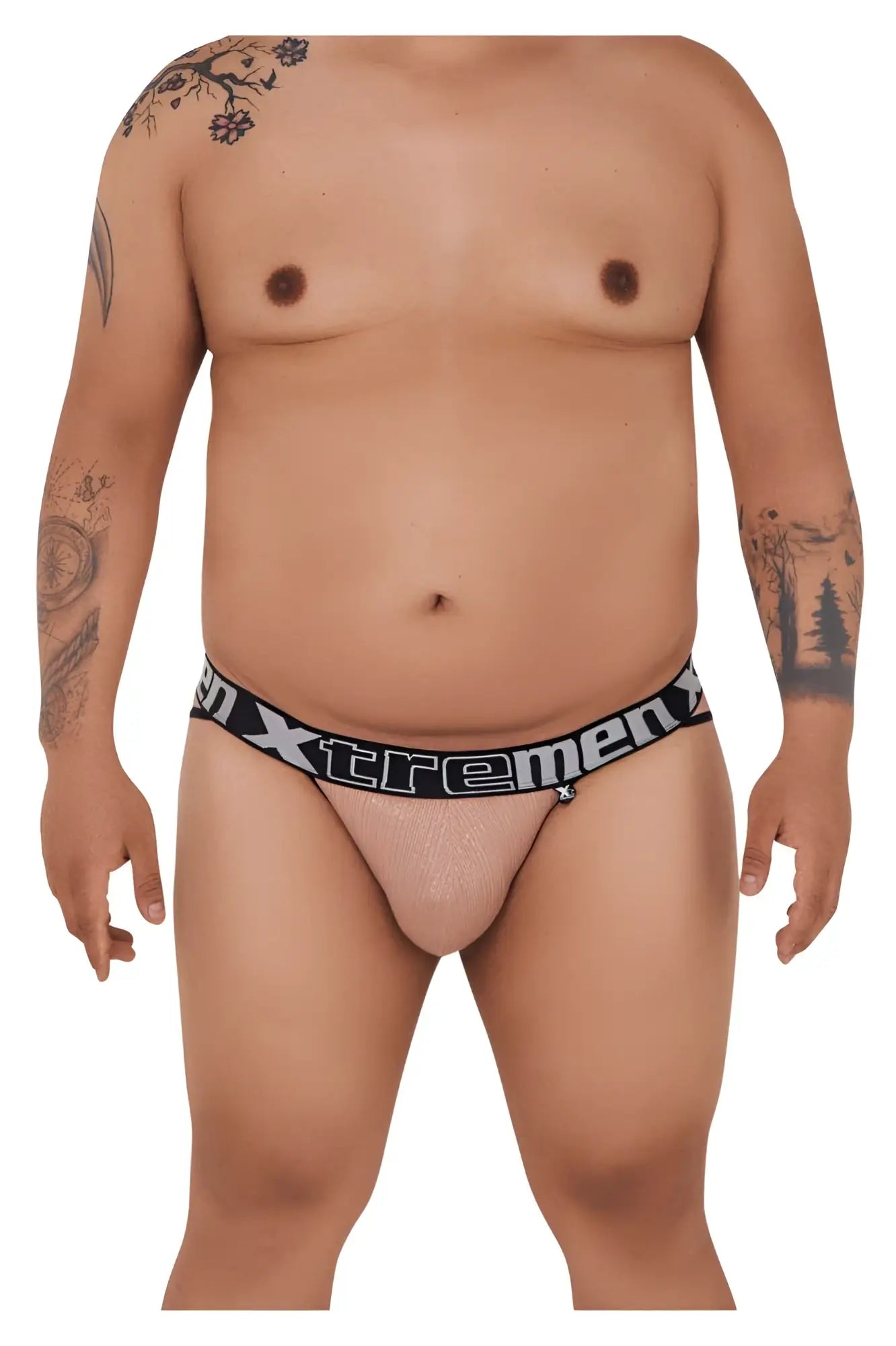 Beige mesh briefs with black elastic waistband and xtremen logo in white microfiber bikini for men