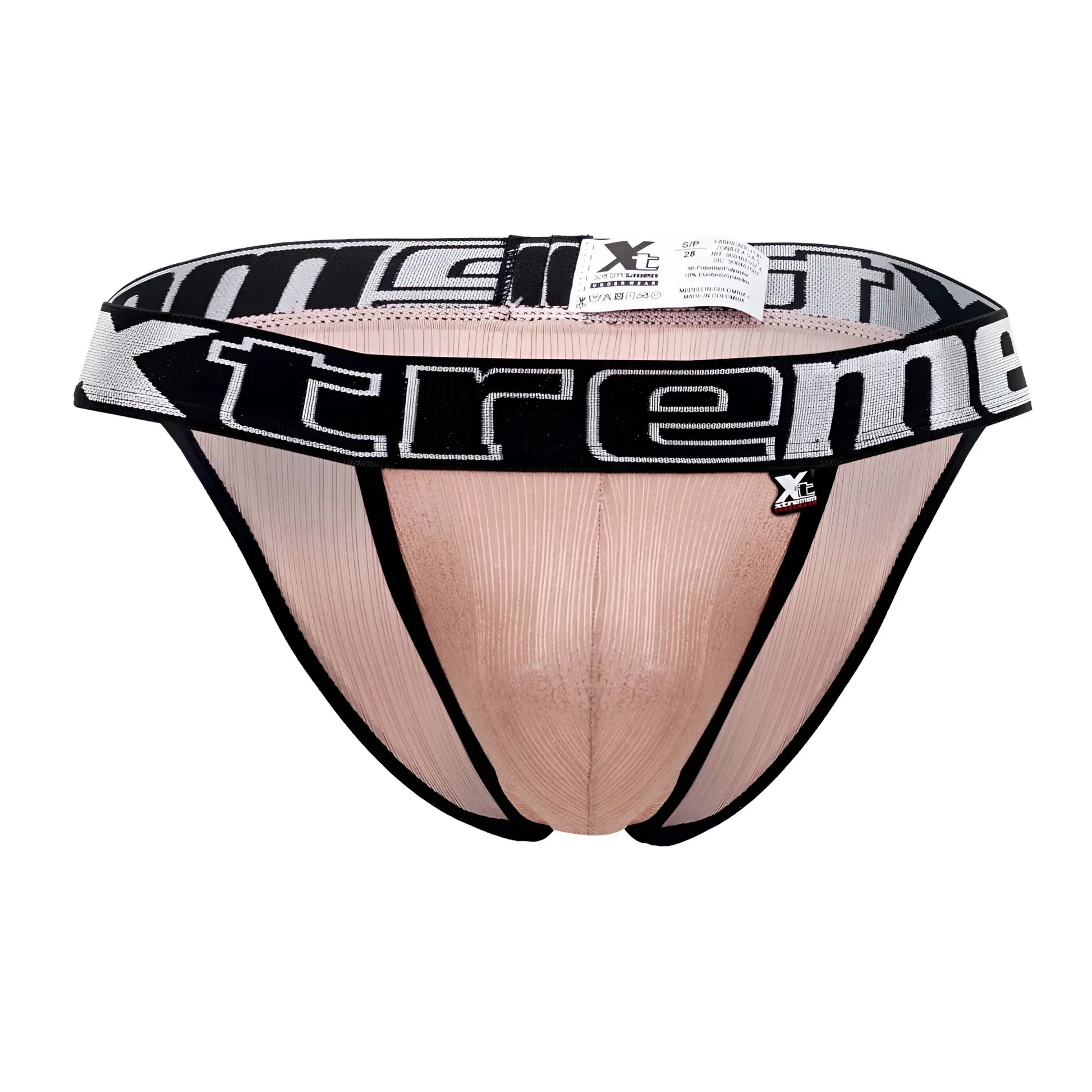 Beige ribbed men’s briefs with black trim and bold extreme logo band made of microfiber for comfortable wear