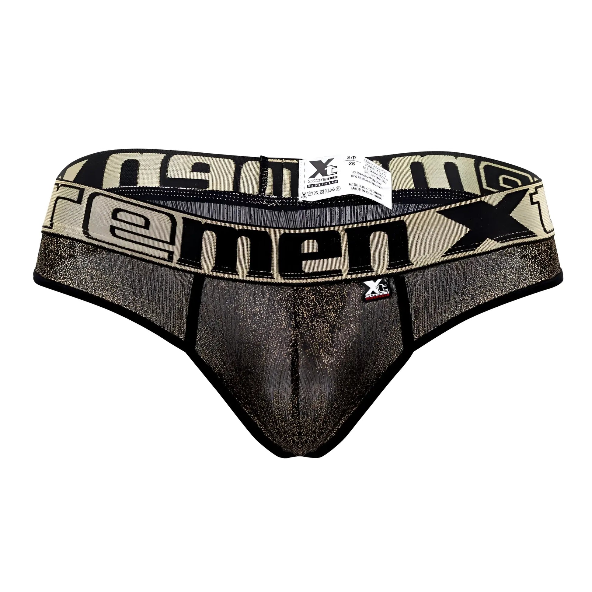 Black and beige glittery Xtremen 91091X microfiber men’s briefs with bold xtreme waistband branding