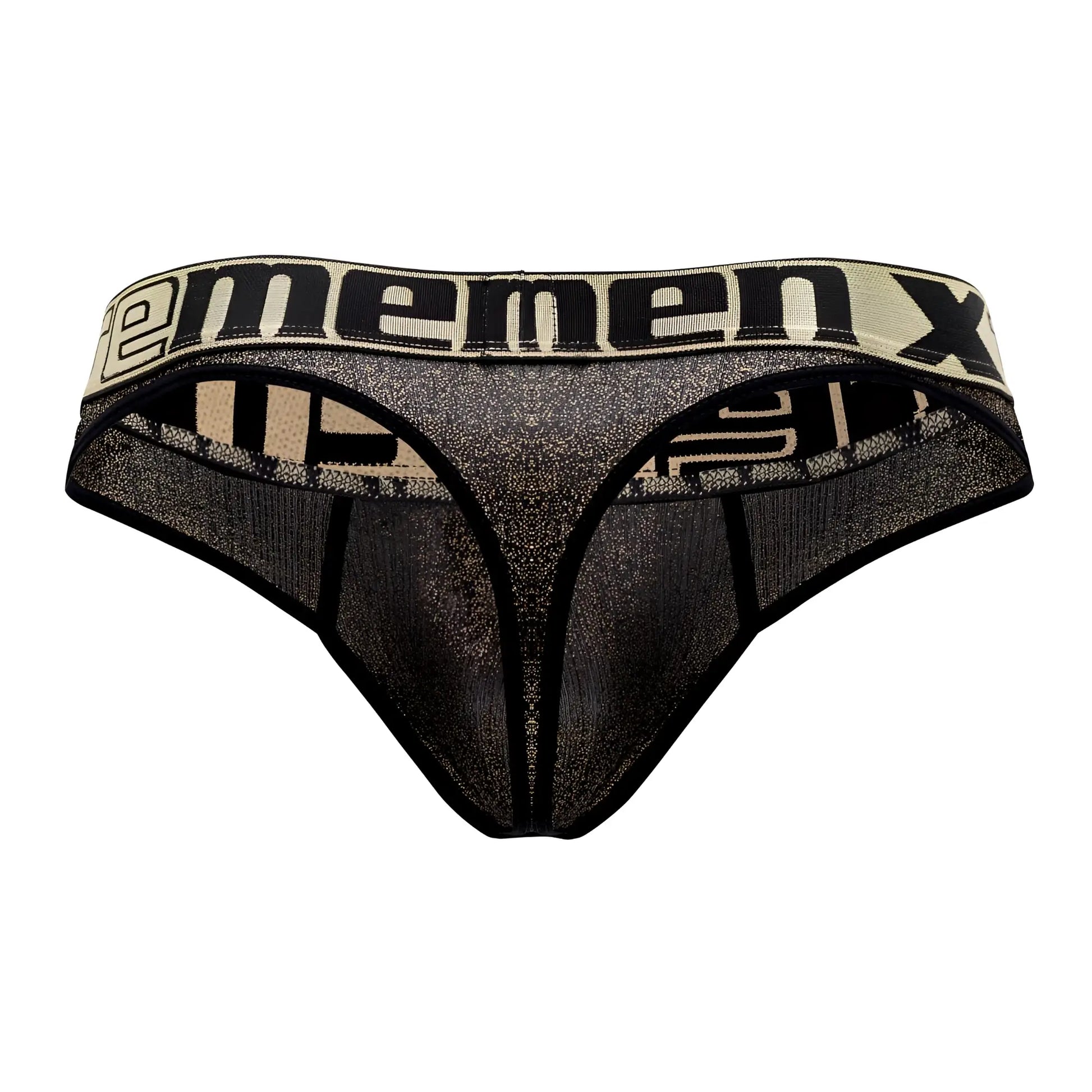 Black and beige mesh Xtremen 91091X Frice microfiber thong with bold ememenx logo on the waistband