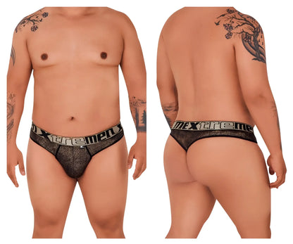 Black lace men’s briefs with shimmering textured microfiber fabric and extreme brand name on the waistband