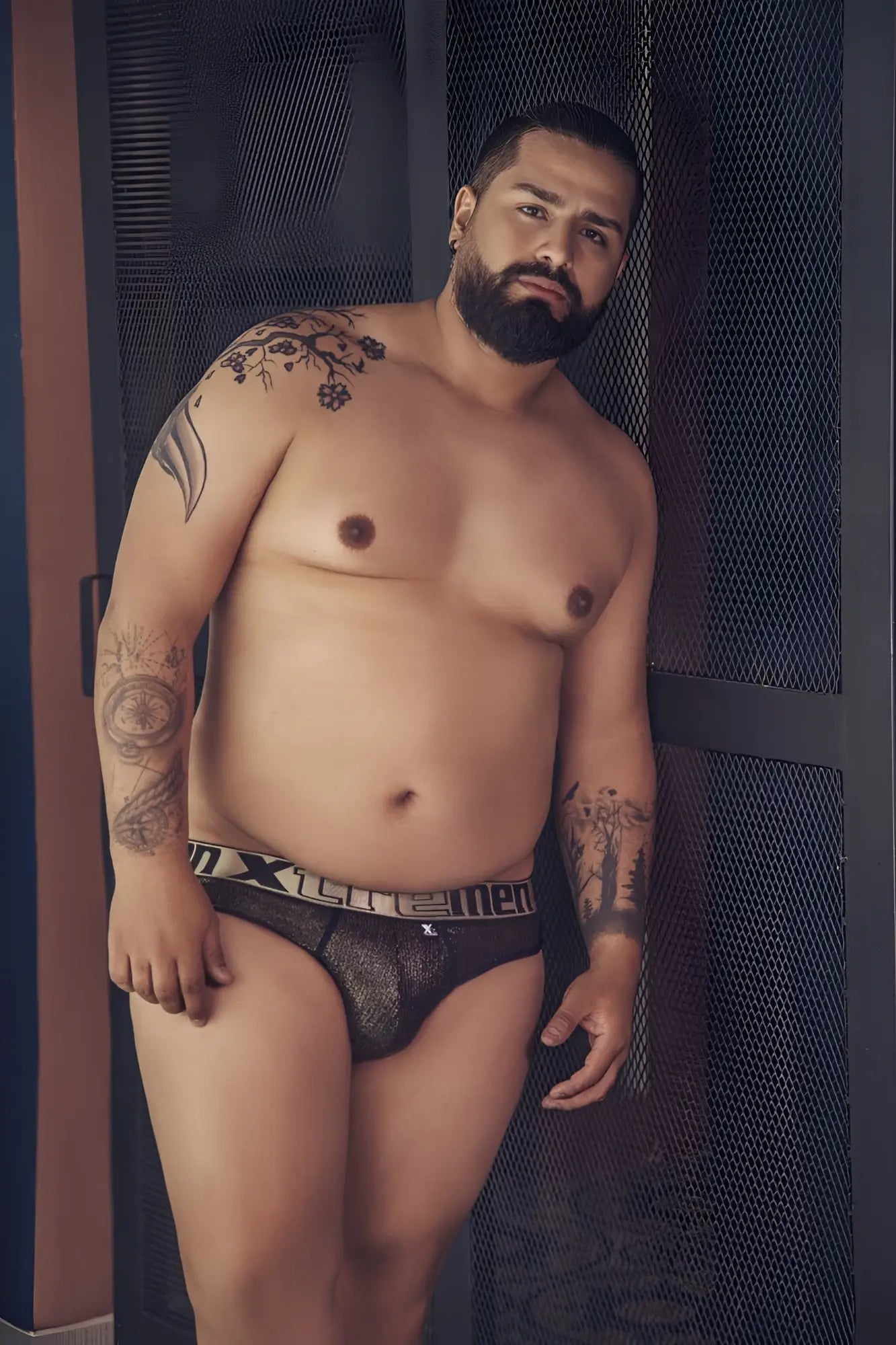 Black lace men’s microfiber thong with white and gray xtremen branded waistband in black color