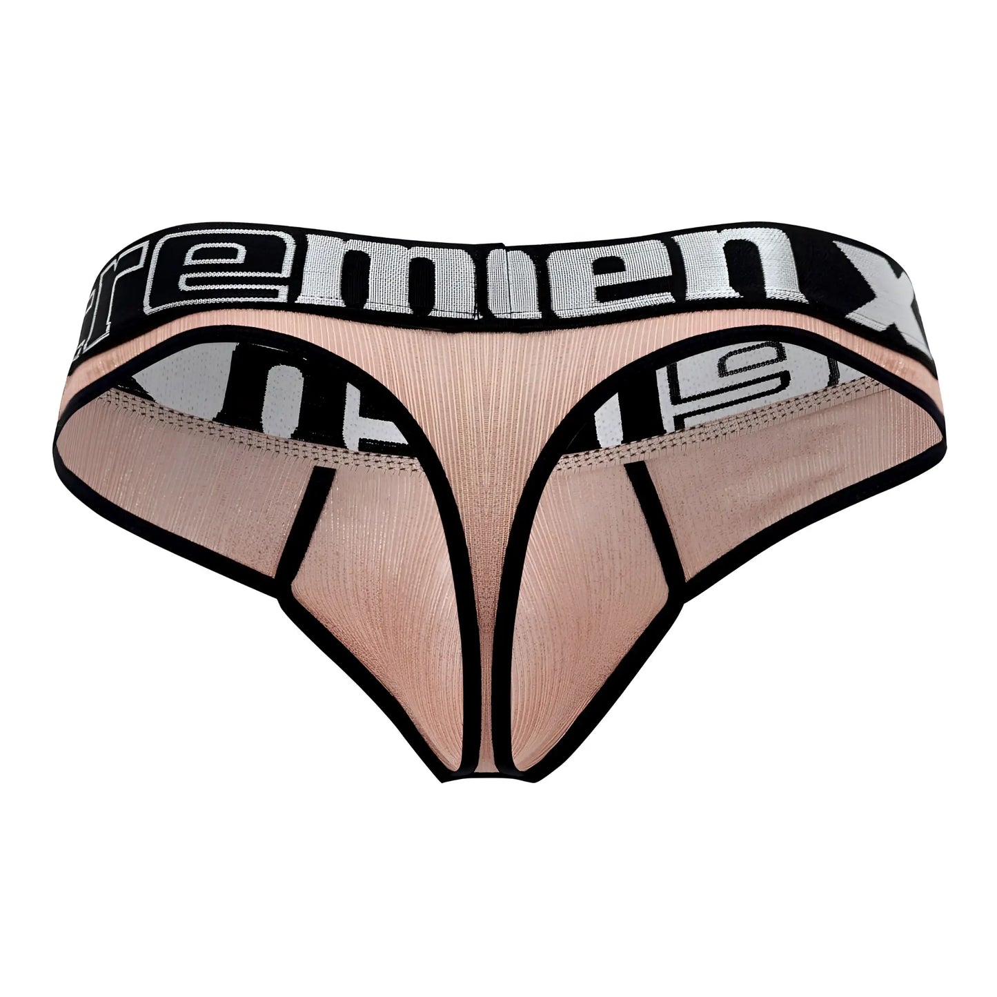 Beige and black mesh microfiber thong with premier x branding on the waistband from xtremen 91091x pink collection