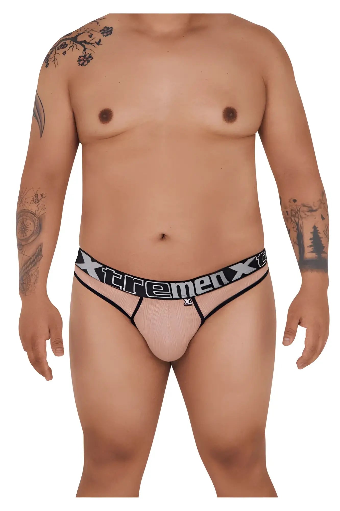 Black and white xtremex men’s mesh briefs with branded waistband shown from the back in pink microfiber thong style