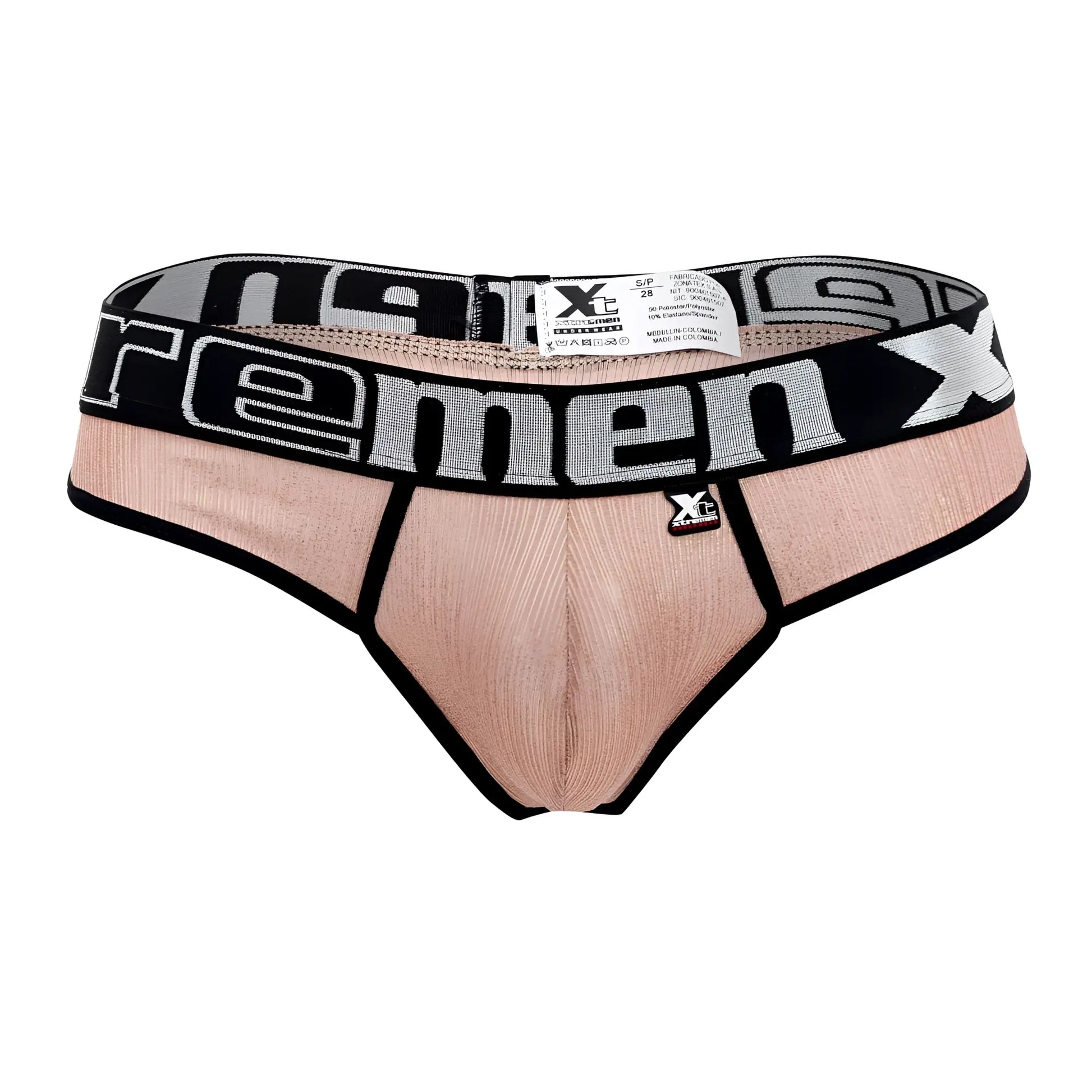A peach-colored ribbed men’s brief with a black and gray xtreme logo waistband from xtremen microfiber thongs pink
