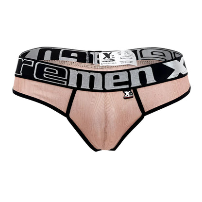 A peach-colored ribbed men’s brief with a black and gray xtreme logo waistband from xtremen microfiber thongs pink