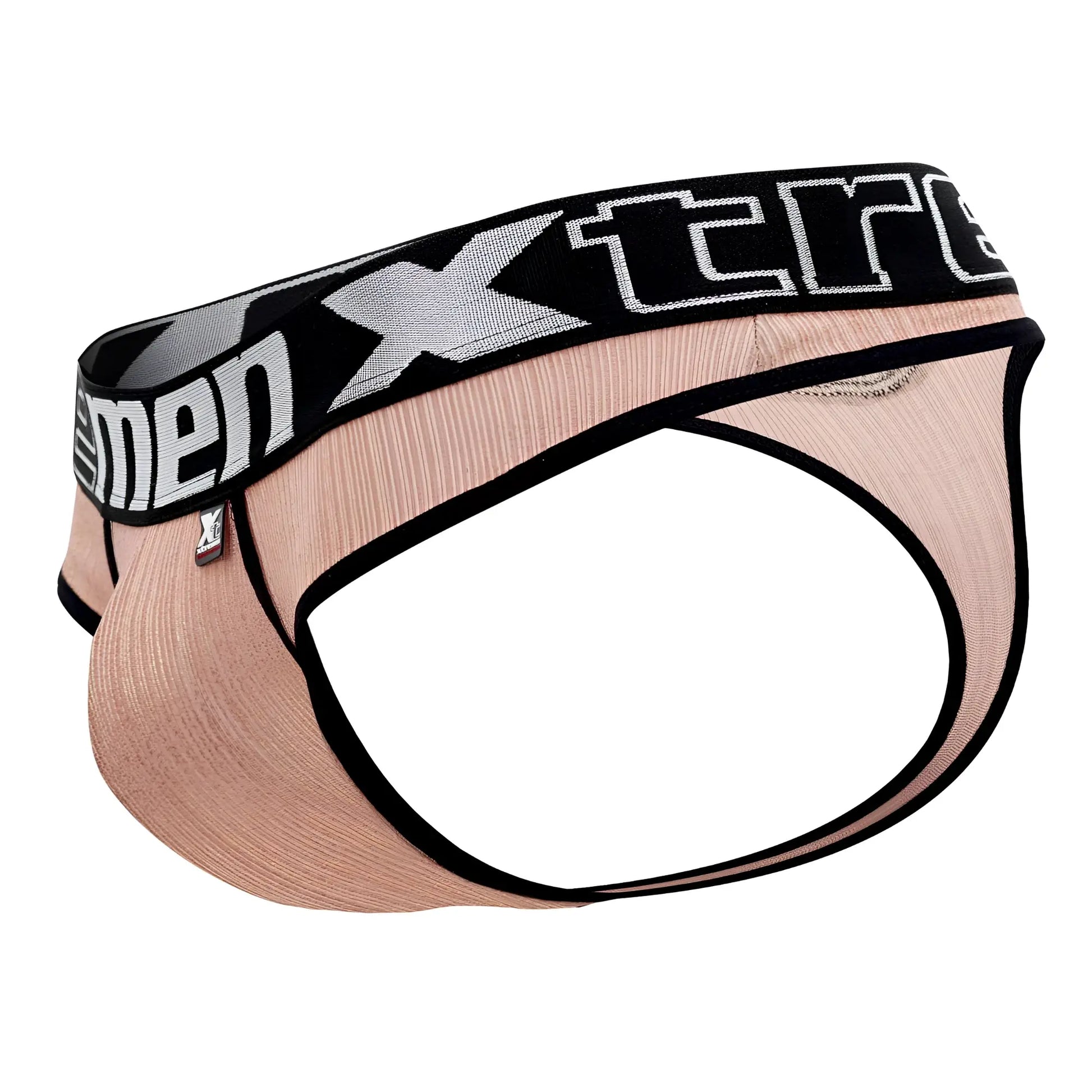 A blush pink xtremen 91091X microfiber men’s brief with black elastic waistband and bold white xtreme branding