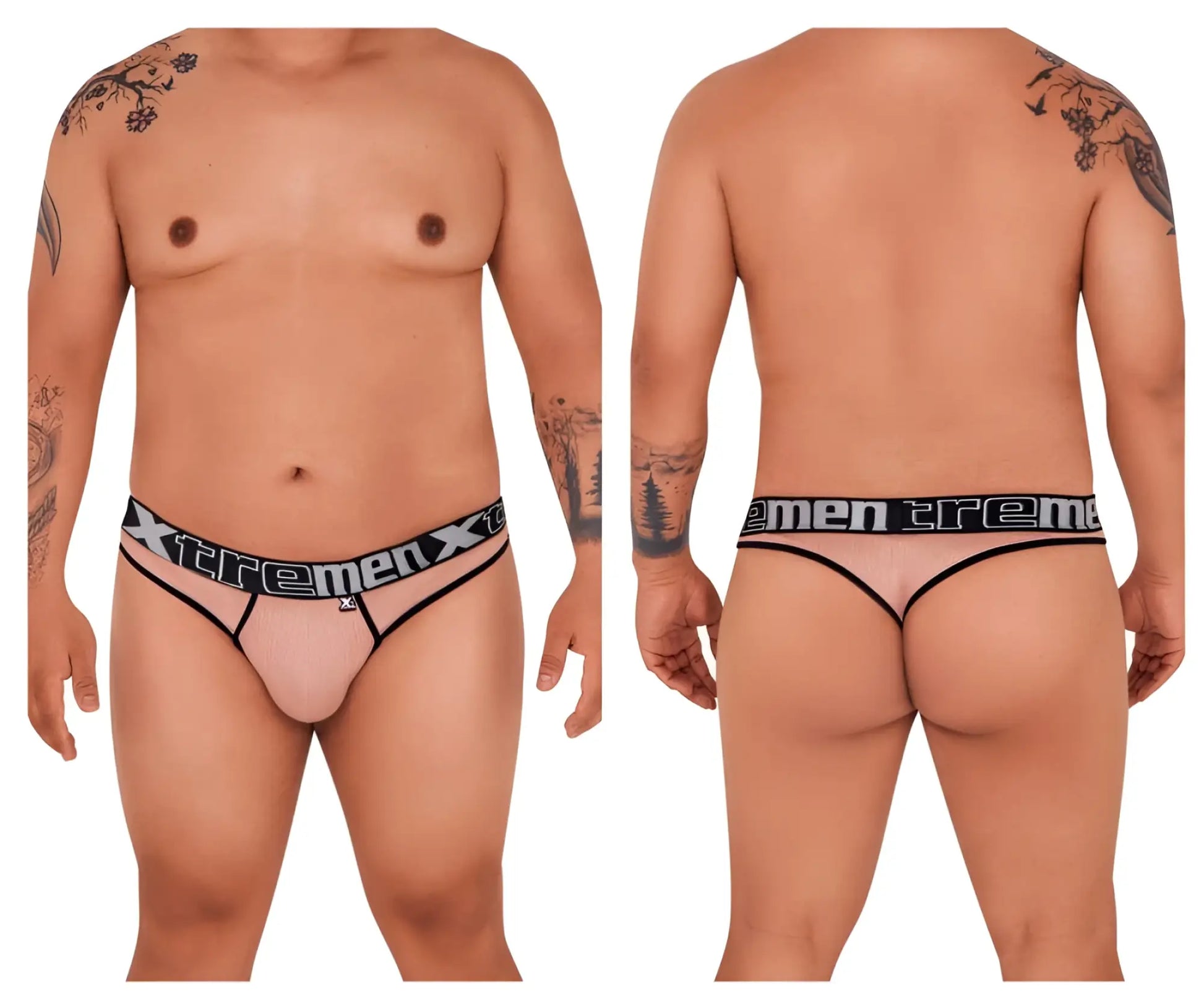 Transparent pink mesh microfiber thong with black elastic waistband and xtremen branding front view