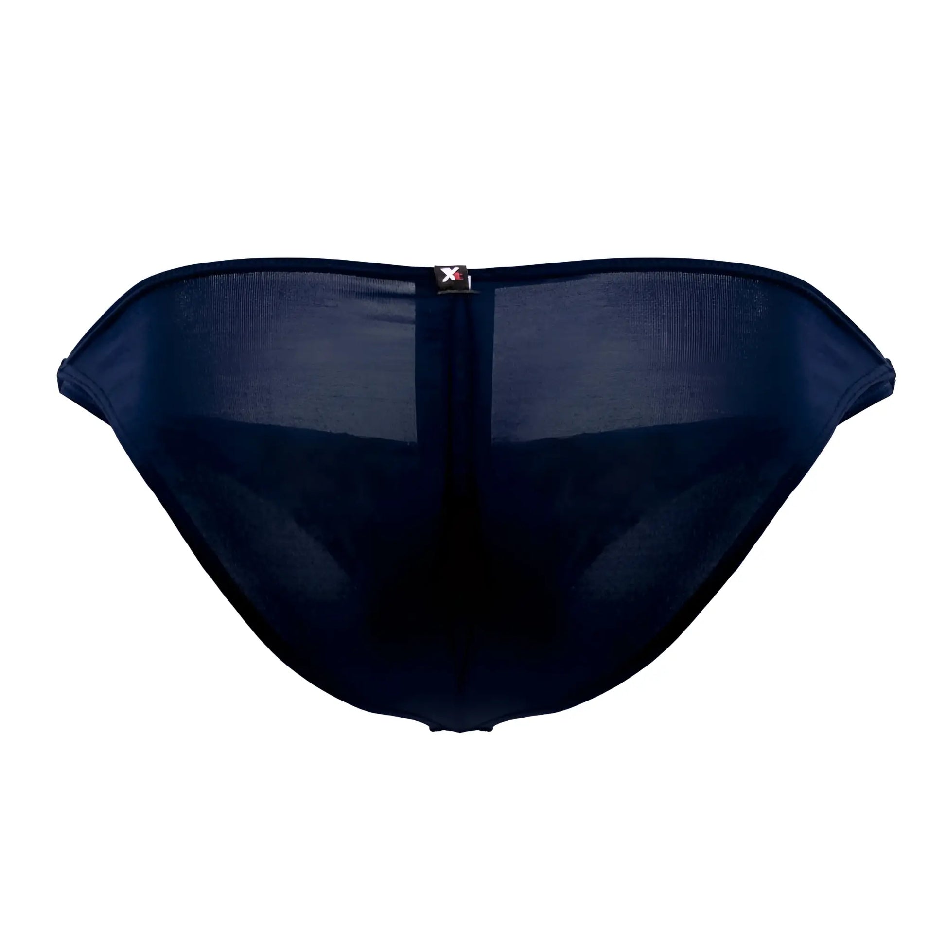 Dark blue xtremen 91093x microfiber bikini briefs with sheer mesh, central zipper closure, and branded tag at waistband