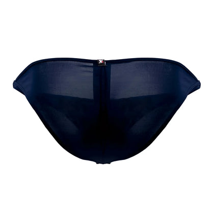 Dark blue xtremen 91093x microfiber bikini briefs with sheer mesh, central zipper closure, and branded tag at waistband
