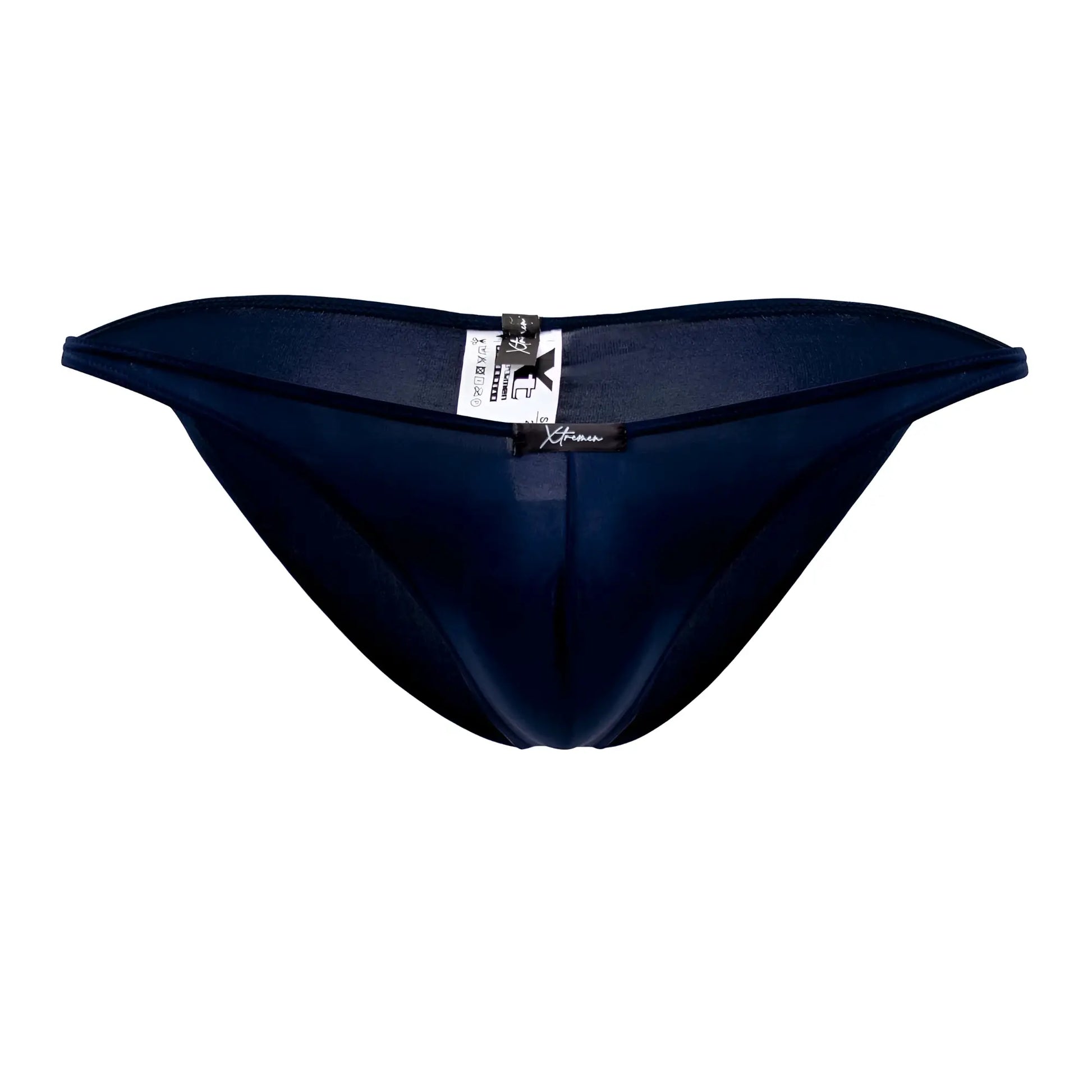 Navy blue sheer mesh thong microfiber bikini with black Xtremen brand tag visible at the back