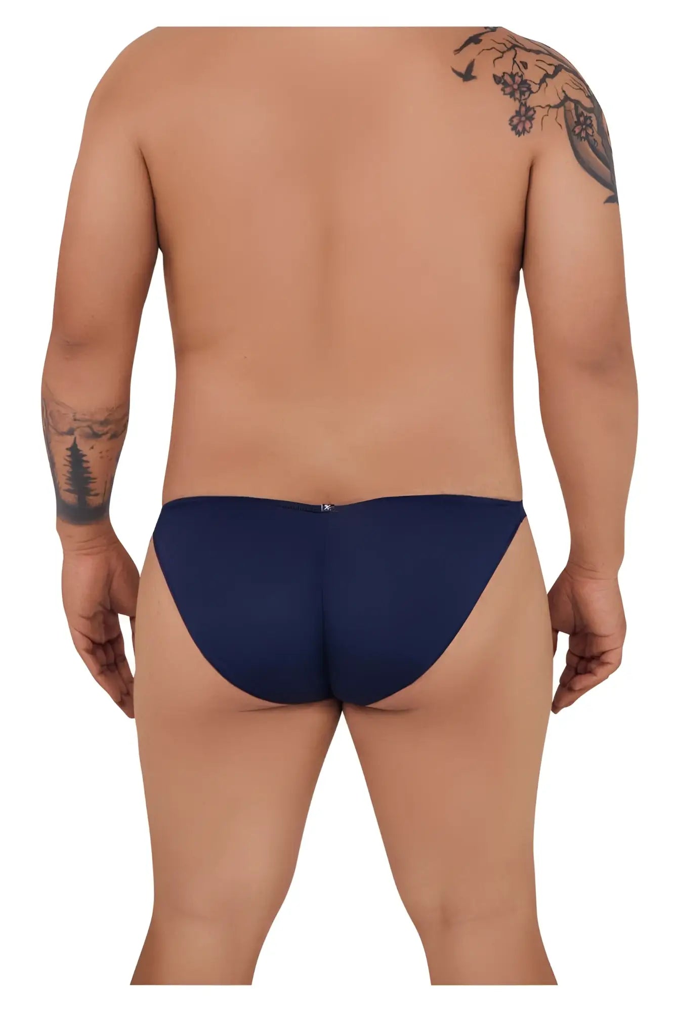 Navy blue xtremen 91093x microfiber bikini briefs in smooth fabric shown from the back with a small metallic clasp