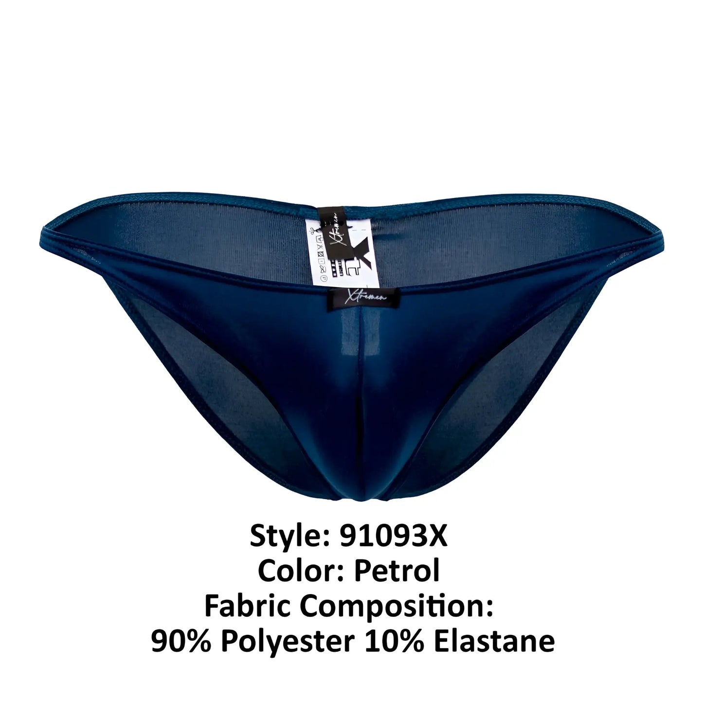 Petrol-colored xtremen 91093x microfiber bikini sheer mesh thong with satin-like finish shown from the back