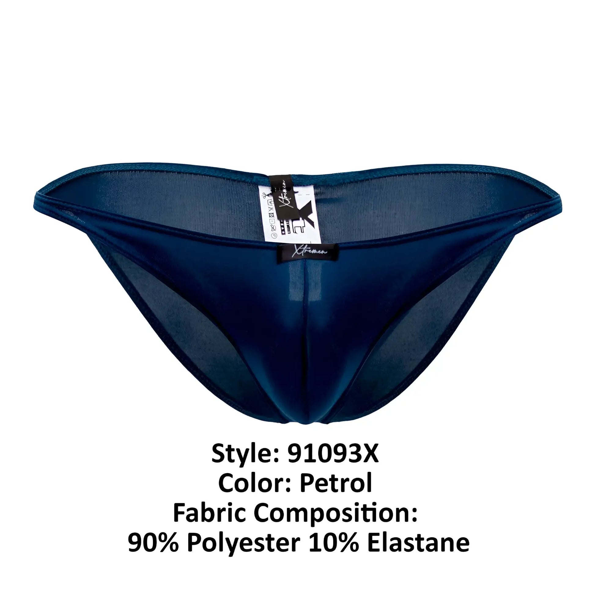 Petrol-colored xtremen 91093x microfiber bikini sheer mesh thong with satin-like finish shown from the back