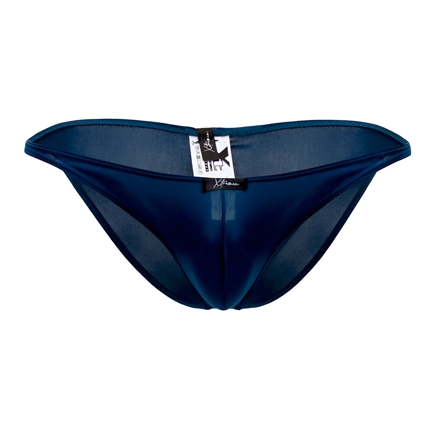 Dark blue sheer mesh thong bikini with solid fabric back panel and branded tags in xtremen 91093x microfiber petrol