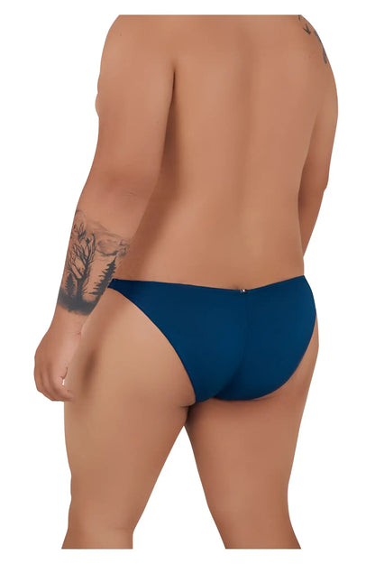 Deep blue Xtremen 91093X microfiber bikini swim trunks with a subtle back closure shown from the back side