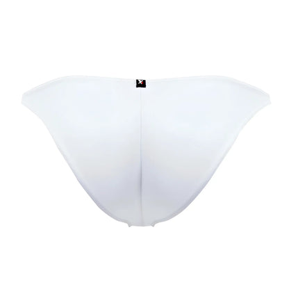 White xtremen 91093x microfiber bikini briefs back view with minimalist design and small black logo at center back
