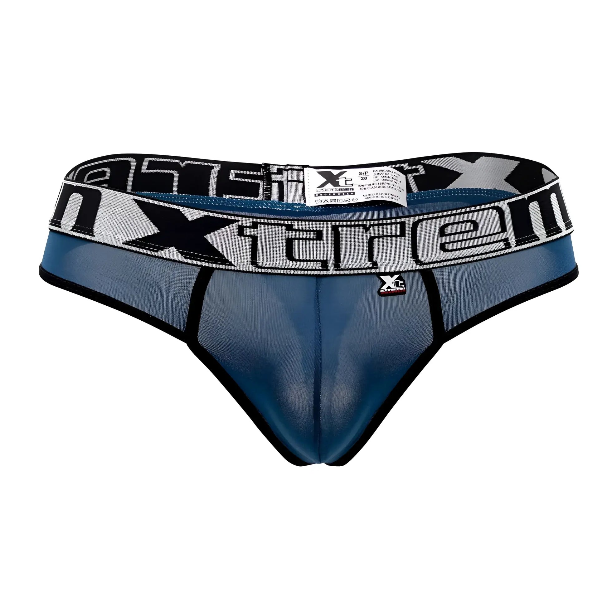 Blue mesh microfiber briefs with black and gray elastic waistband featuring xtreme logo in petrol color