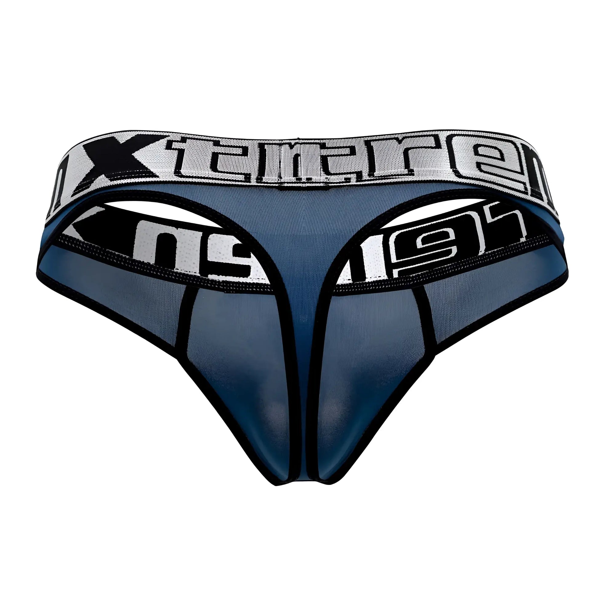 Blue mesh microfiber thong with black trim and gray xtreme logo waistband in petrol color xtremen 91094 model
