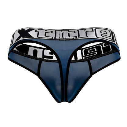 Blue mesh microfiber thong with black trim and gray xtreme logo waistband in petrol color xtremen 91094 model