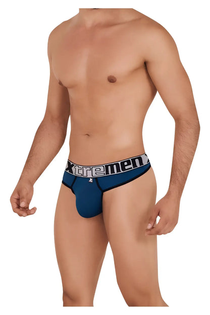 Blue xtremen 91094 microfiber thongs in petrol color with black and white waistband shown from the back