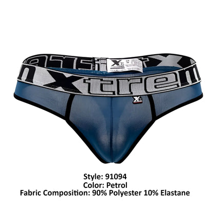Petrol-colored xtreme microfiber thongs with mesh front panel black trim and bold xtreme waistband in 90 polyester 10 elastane