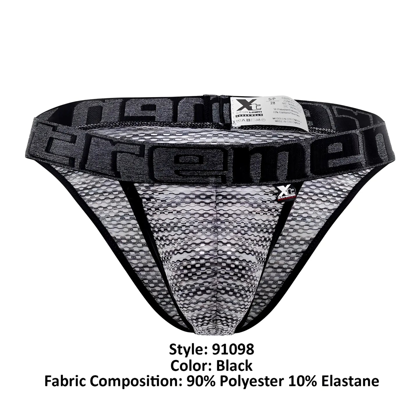 Xtremen 91098 black microfiber mesh bikini briefs with bold extreme logo band and black trim