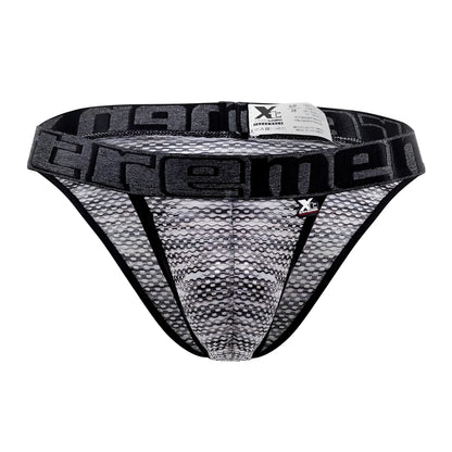Black and gray microfiber mesh men’s bikini underwear with bold xtreme logo waistband in model 91098