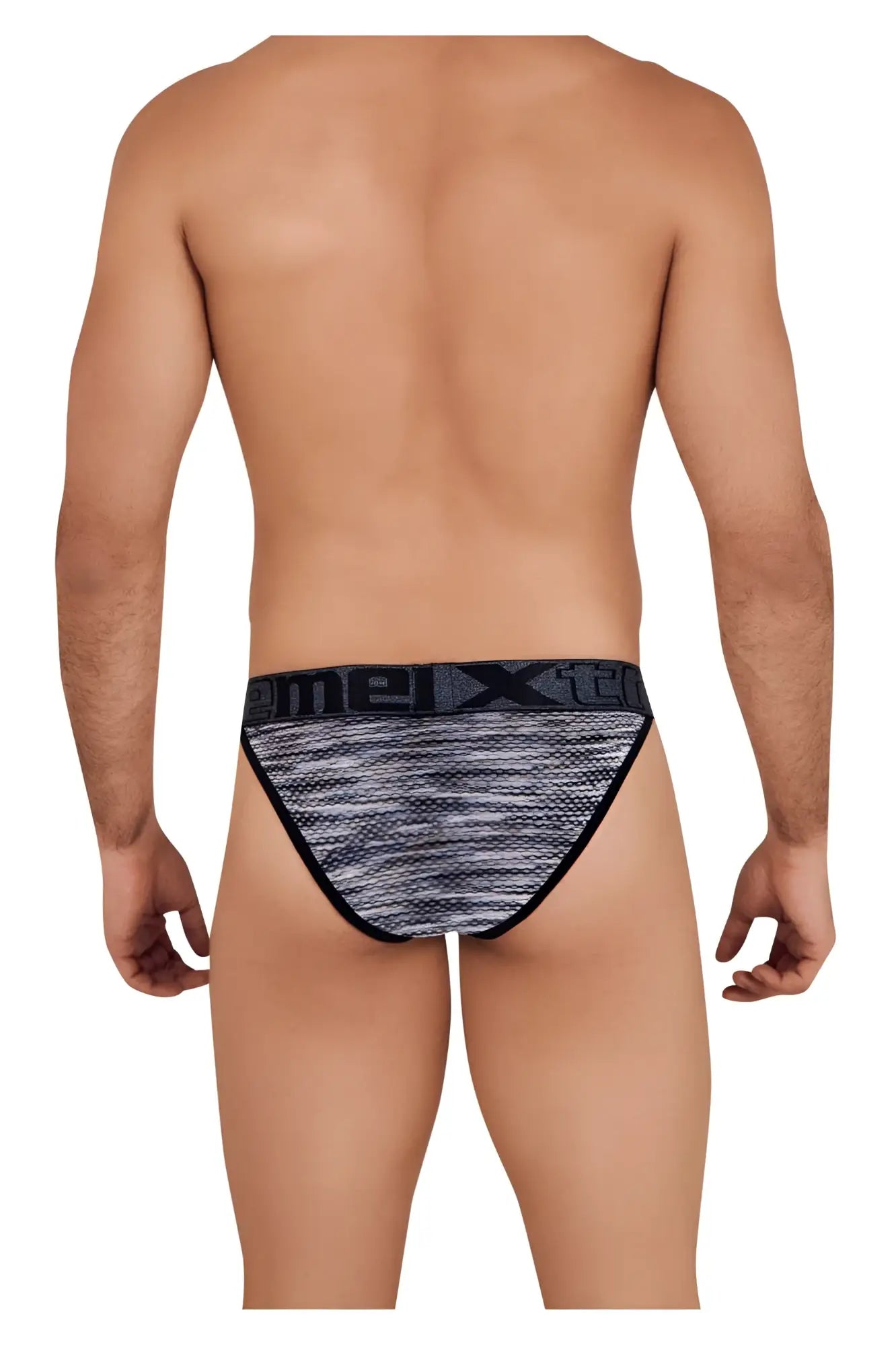 Black and gray patterned men’s microfiber mesh bikini briefs with bold mexx logo band xtremen 91098