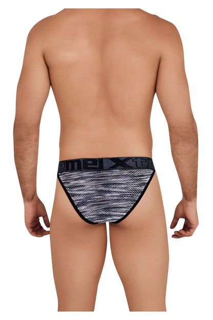 Black and gray patterned men’s microfiber mesh bikini briefs with bold mexx logo band xtremen 91098