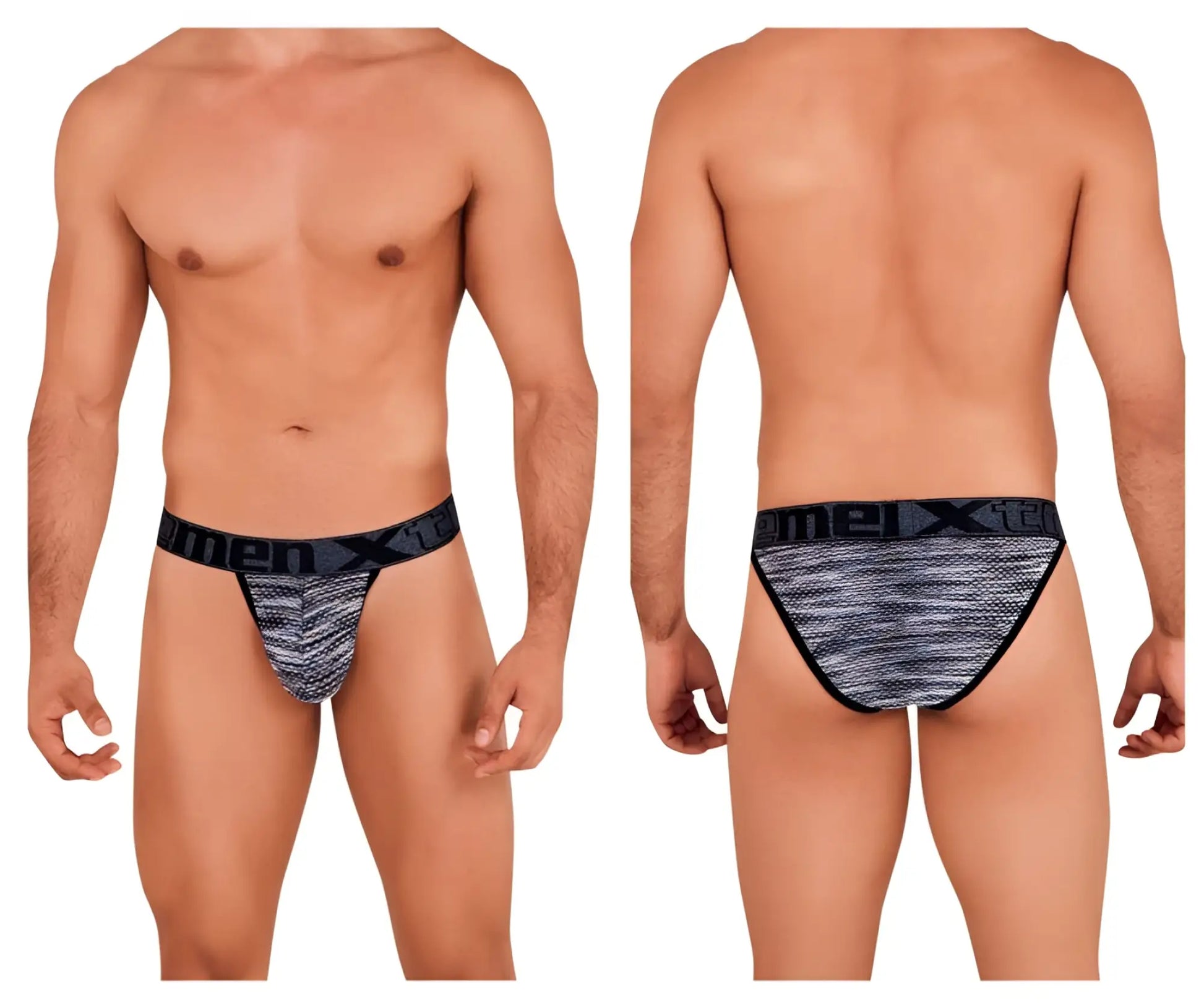 Xtremen 91098 microfiber mesh bikini briefs in black with black and gray patterned textured fabric design
