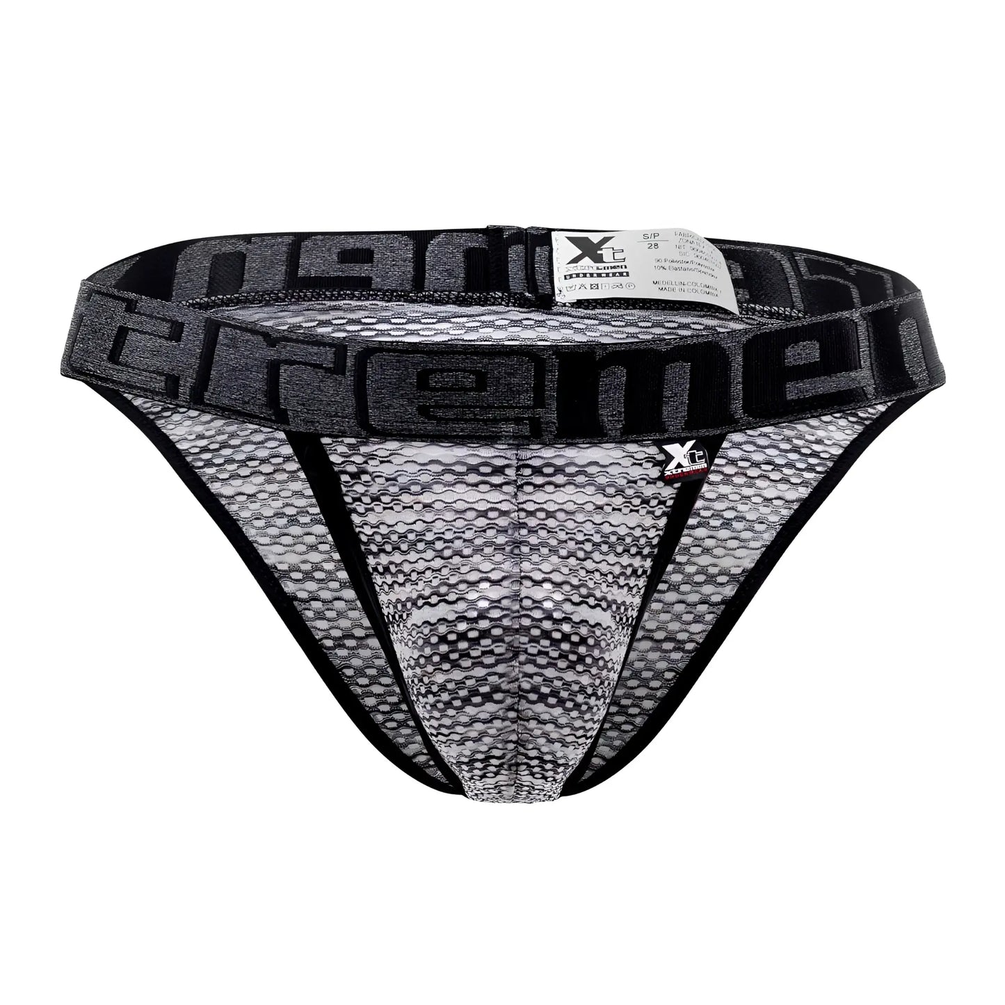 Black and gray microfiber mesh men’s bikini underwear with bold xtreme logo on the waistband in black color