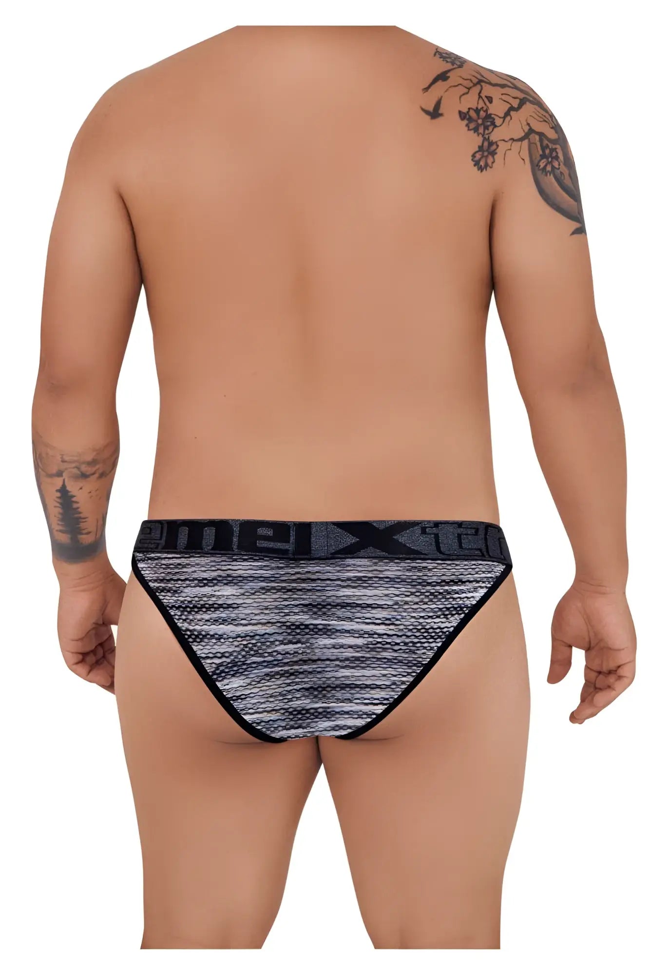 Xtremen 91098x microfiber mesh bikini briefs in black featuring a black and gray patterned textured fabric design