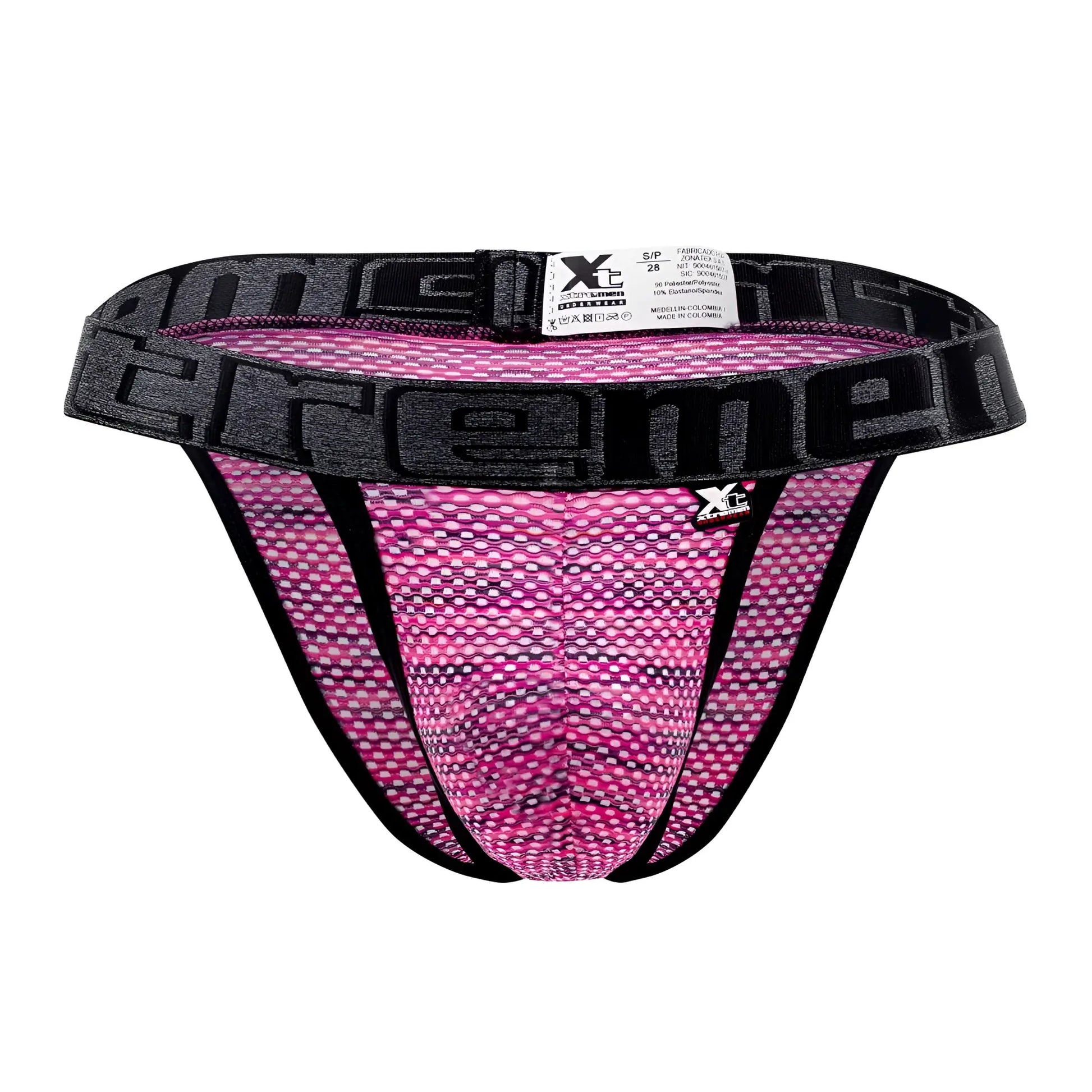 Pink and black microfiber mesh athletic briefs with bold extreme logo on waistband xtremen 91098x bikini