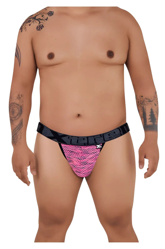 Pink and black patterned xtremen 91098x microfiber mesh bikini thong with a textured scale-like design back side view
