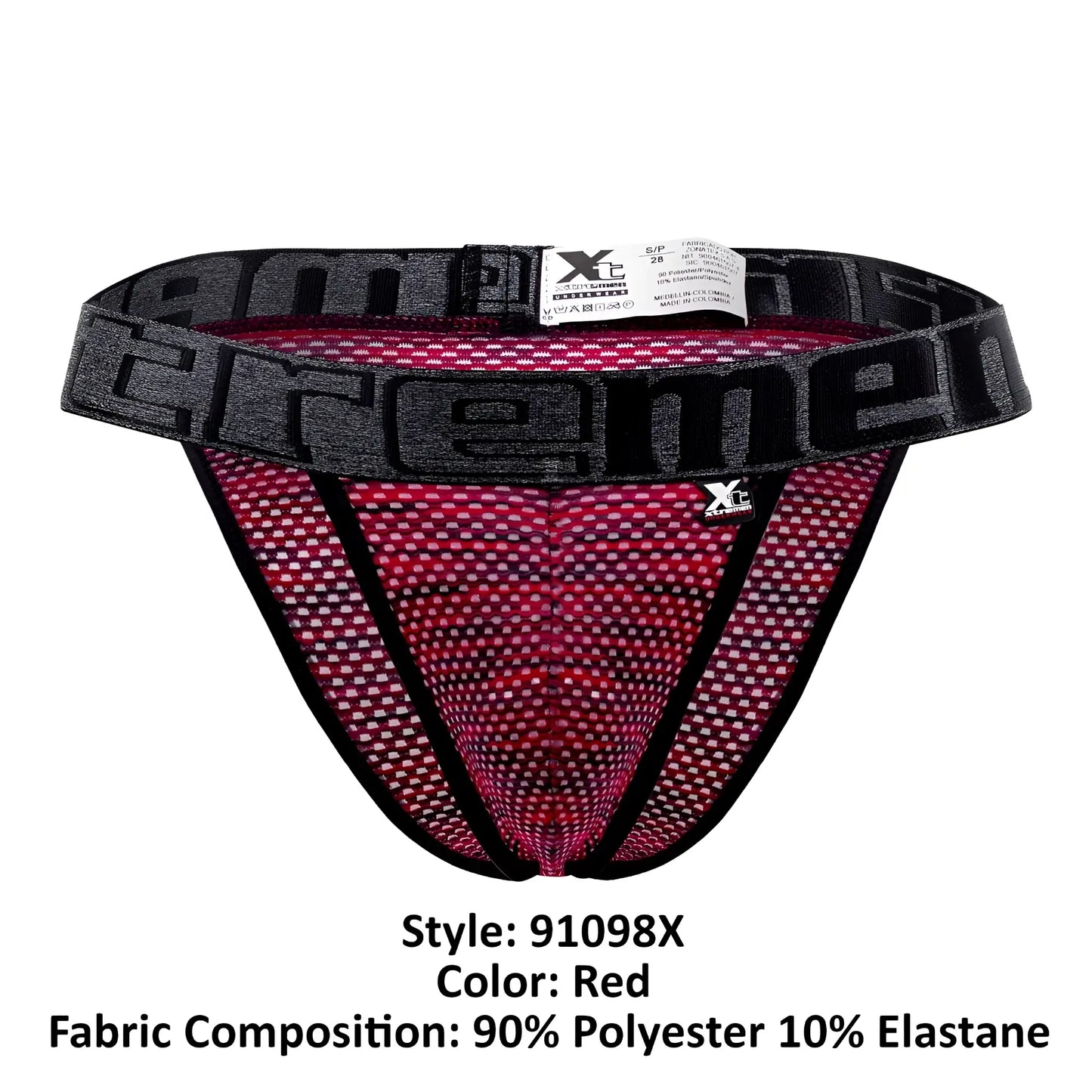 Red microfiber mesh bikini briefs with a black elastic waistband featuring the xtremen extreme logo in gray